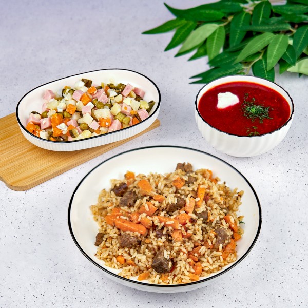 Обед домашний с пловом из говядины